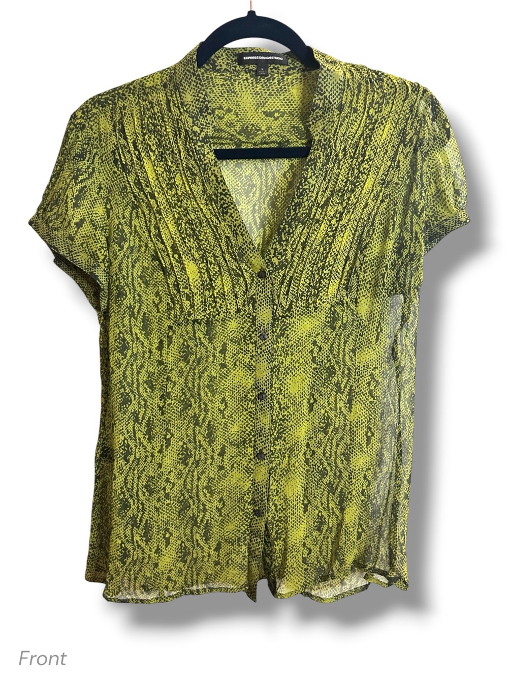 100% Silk Neon Yellow Green Snake Print V-Neck Button Front Sheer Short Sleeve L